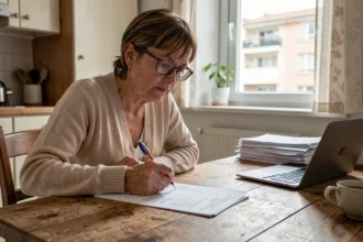 Femme remplissant un dossier de demande de logement social HLM à la table de sa cuisine