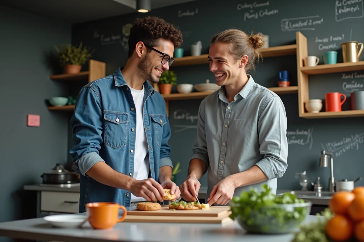 Deux étudiants en cuisine partagent un repas dans une cuisine moderne
