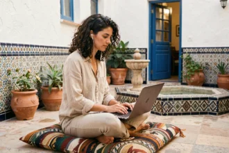 Digital nomade travaillant sur son ordinateur portable dans un riad traditionnel d'Essaouira avec carrelage zellige et fontaine centrale