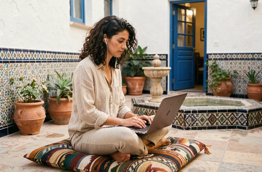 Digital nomade travaillant sur son ordinateur portable dans un riad traditionnel d'Essaouira avec carrelage zellige et fontaine centrale