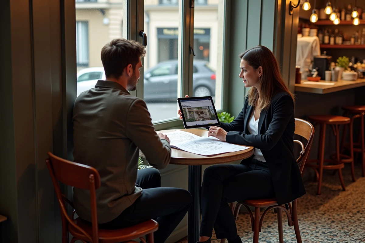 Deux personnes discutant d'annonces de location parisiennes sur une tablette dans un café parisien