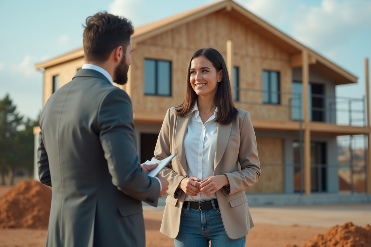 Jeune femme discutant avec un professionnel sur un chantier de maison