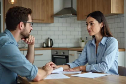 Femme et homme discutent autour de papiers dans une cuisine moderne