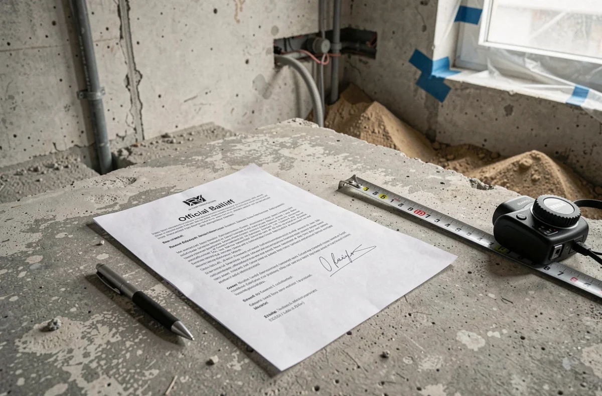 Document de constat d'huissier posé sur un sol en béton brut avec outils de mesure sur chantier de rénovation