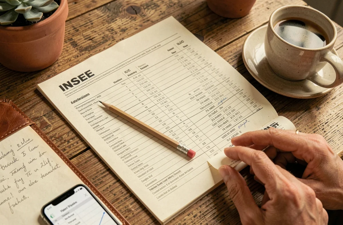 Documents INSEE ouverts sur les indices ICC et ILAT posés sur un bureau en bois avec smartphone affichant un calcul de révision de loyer