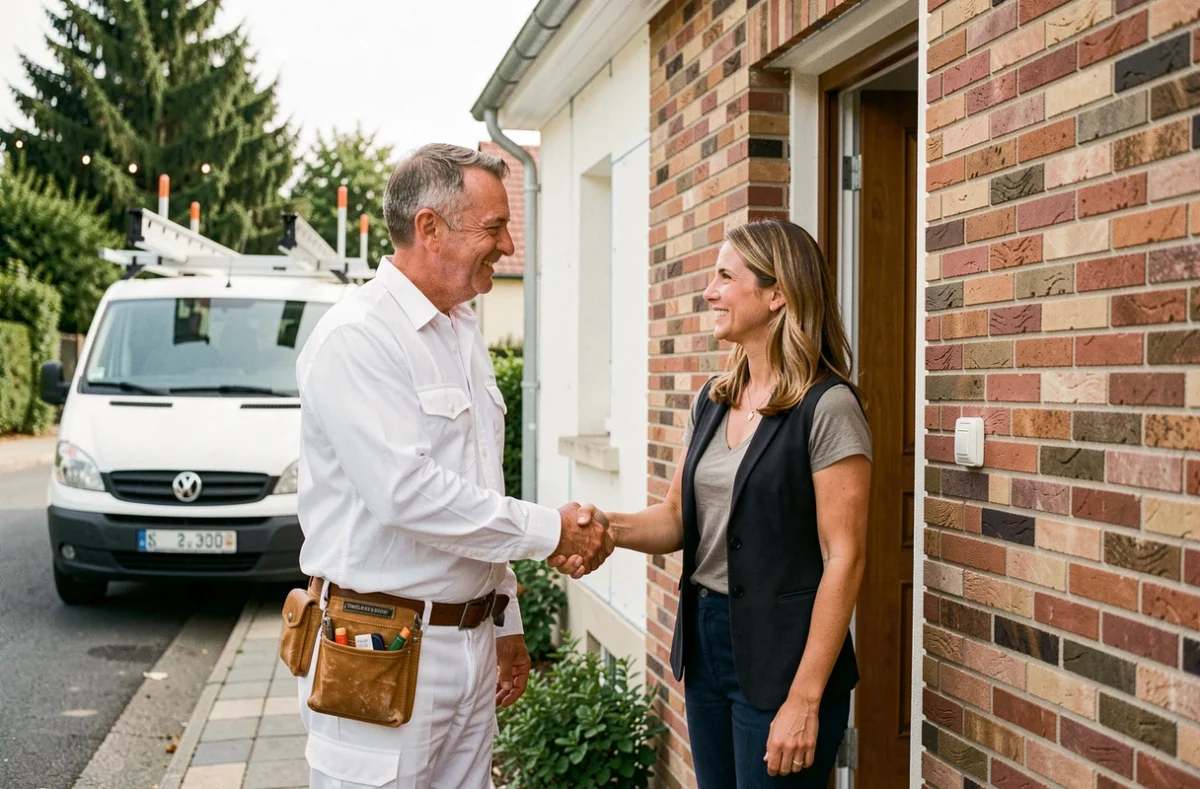 Artisan RGE certifié serrant la main d'une propriétaire devant sa maison rénovée dans le Val-de-Marne via Effy