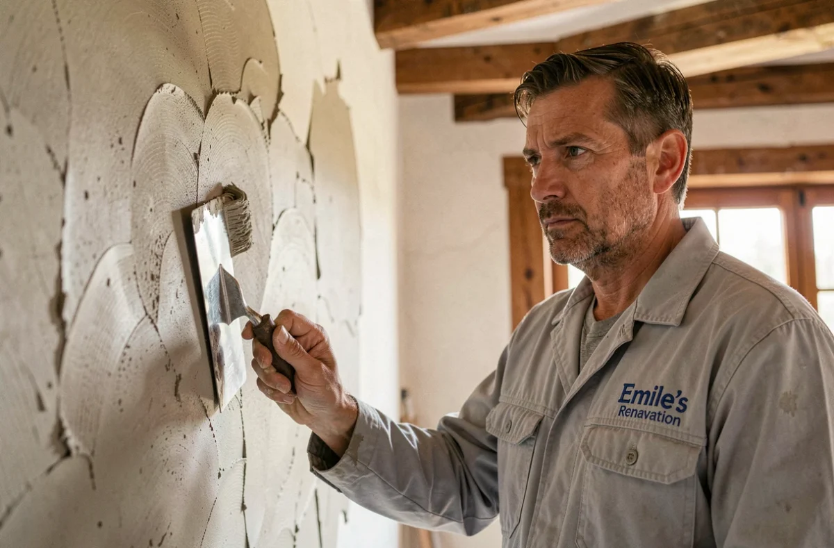 Artisan Emile's Renovation appliquant un enduit de finition sur un mur intérieur dans une maison en Meurthe-et-Moselle
