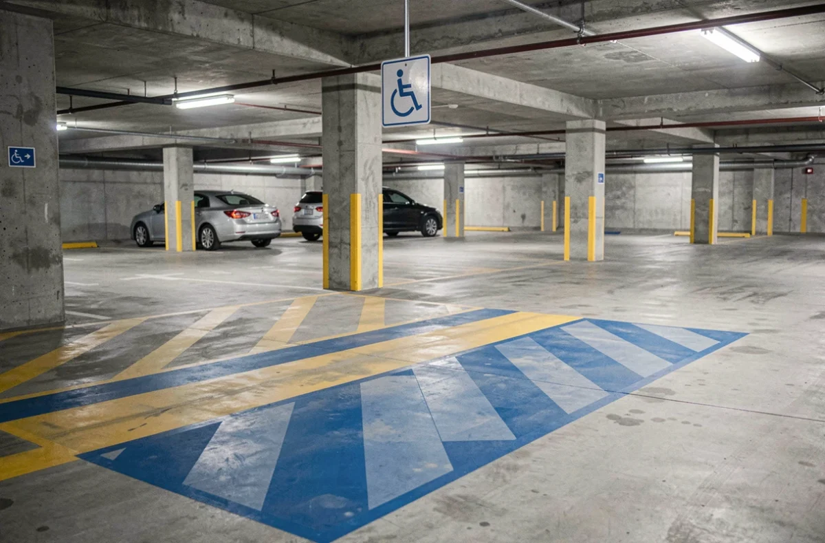 Parking souterrain avec emplacement réservé PMR élargi, marquage au sol bleu et panneau suspendu
