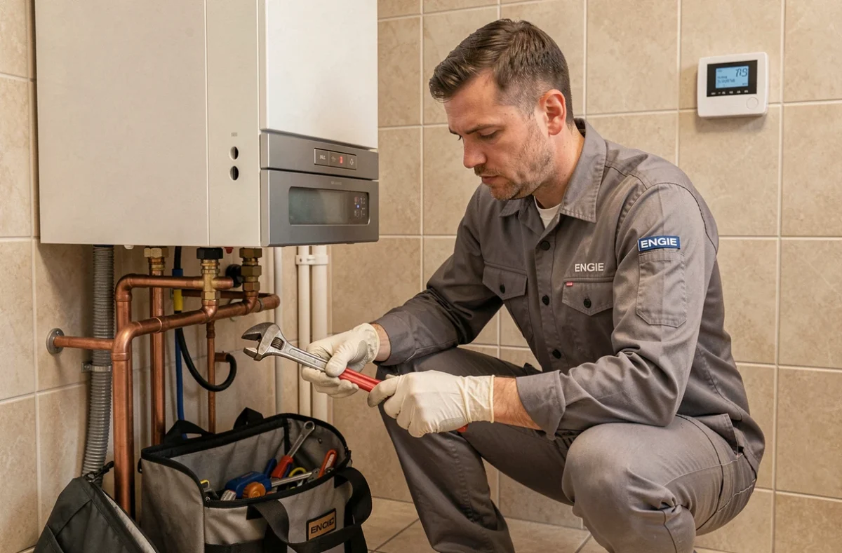 Technicien Engie Home Services effectuant la maintenance d'une chaudière à condensation dans un appartement du Val-de-Marne