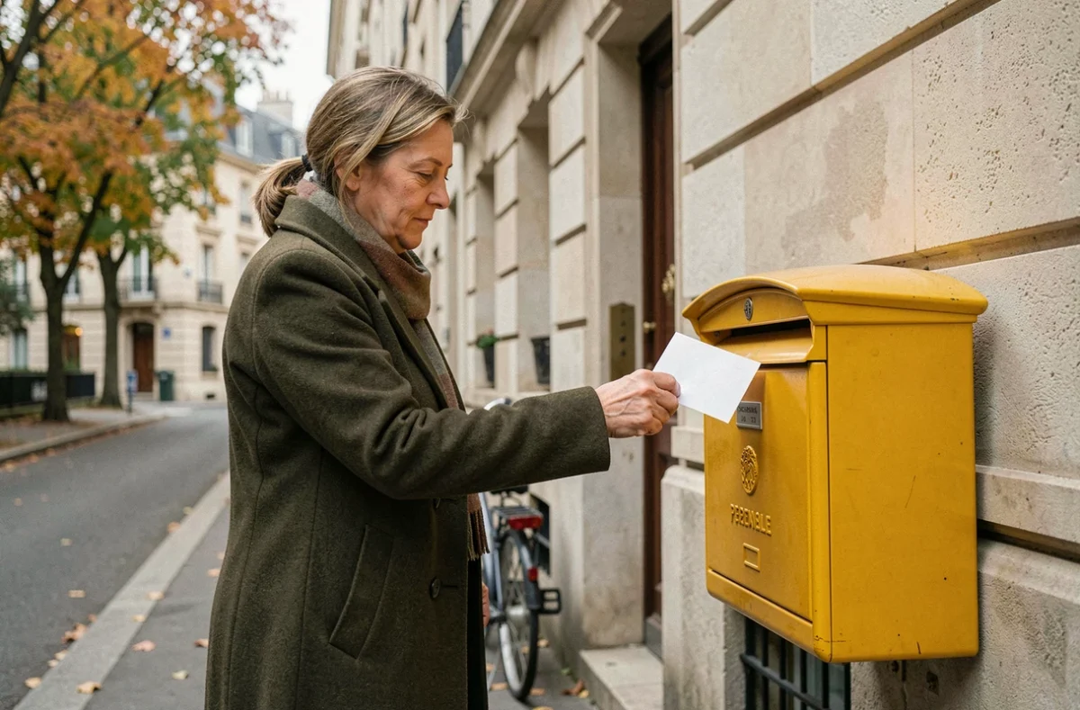Femme envoyant une lettre de résiliation d'assurance habitation par courrier recommandé