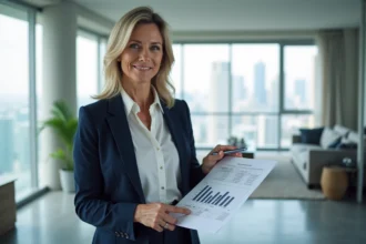 Agente immobilière tenant un rapport d'estimation pour un bien rare dans un appartement moderne haut de gamme