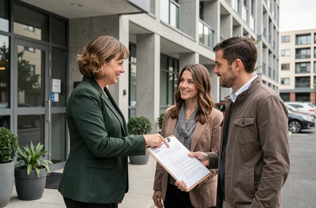 Gestionnaire immobilier remettant un état des lieux à un couple de locataires devant un immeuble résidentiel