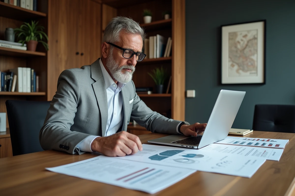 Expert immobilier analysant une estimation de bien rare sur ordinateur dans un bureau professionnel