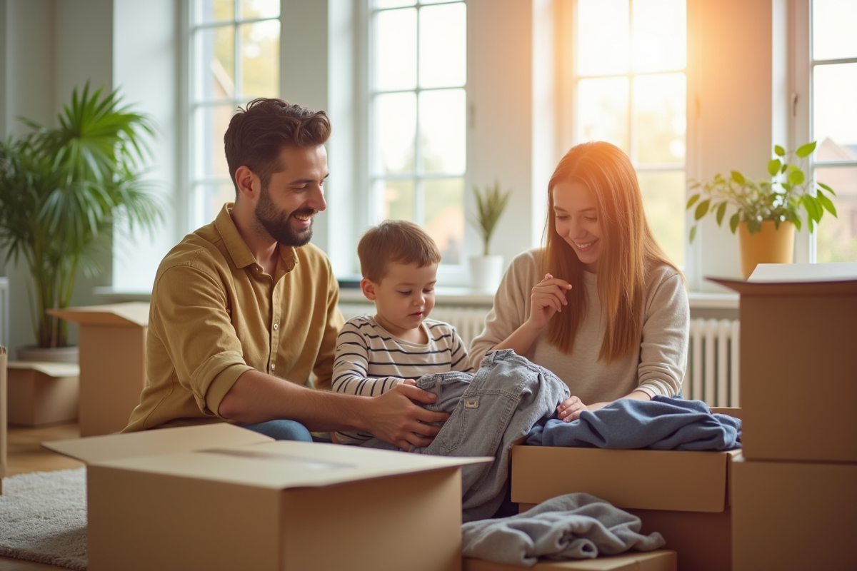 Famille dans un salon ensoleille avec cartons en pleine organisation