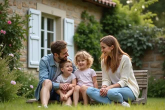 Famille heureuse dans un jardin ensoleille en France