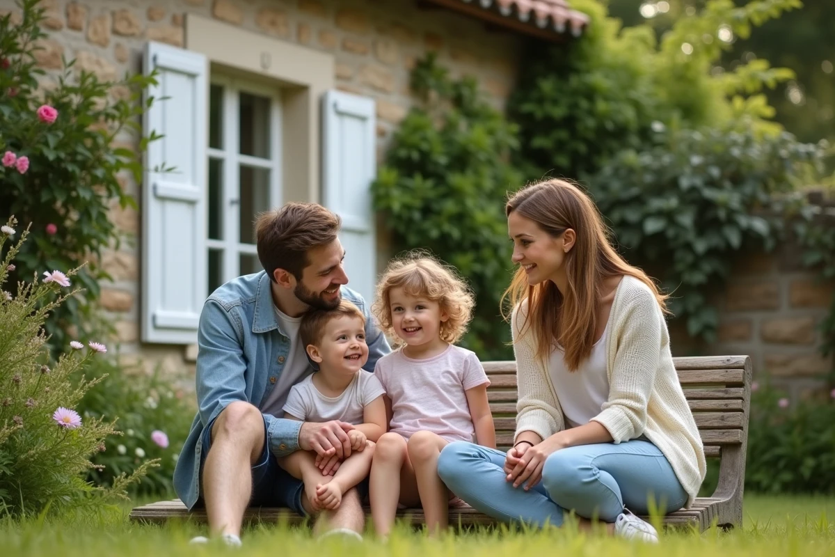 Famille heureuse dans un jardin ensoleille en France