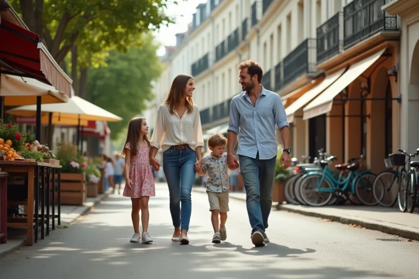 Famille se promenant dans une rue commerçante animée d'une ville de banlieue parisienne en Île-de-France