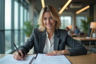 Femme d'affaires confiante lisant un contrat au bureau