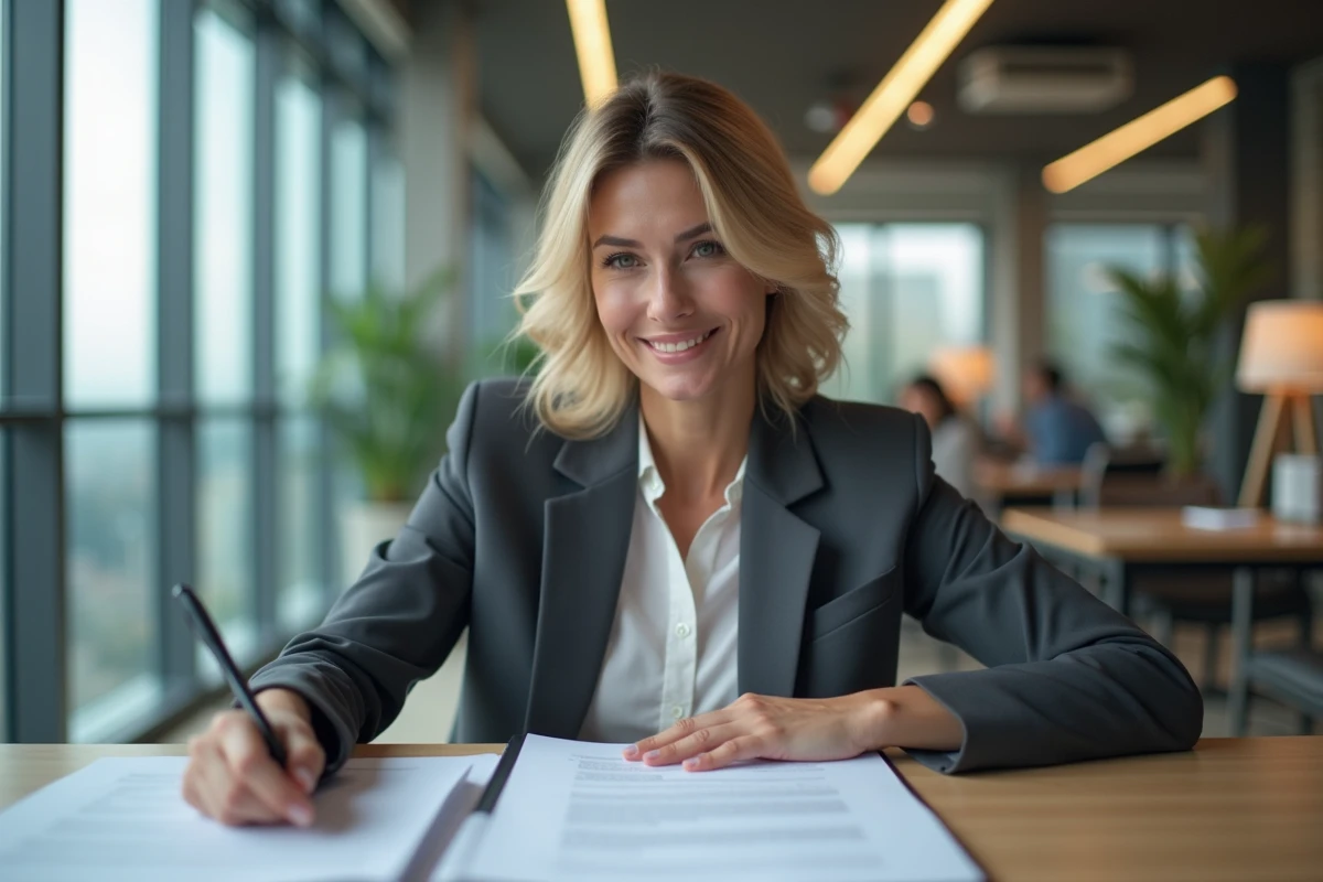 Femme d'affaires confiante lisant un contrat au bureau