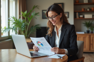 Femme d'affaires examinant documents immobiliers dans un salon lumineux