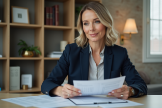 Femme d affaires en costume bleu examinant des documents immobiliers