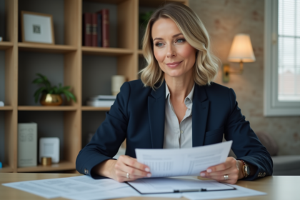 Femme d affaires en costume bleu examinant des documents immobiliers