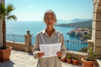 Femme consultant une annonce immobilière sur la terrasse d'une maison avec vue sur la mer en bord de côte méditerranéenne