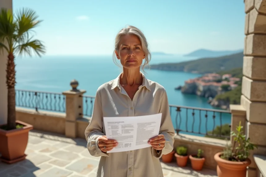 Femme consultant une annonce immobilière sur la terrasse d'une maison avec vue sur la mer en bord de côte méditerranéenne