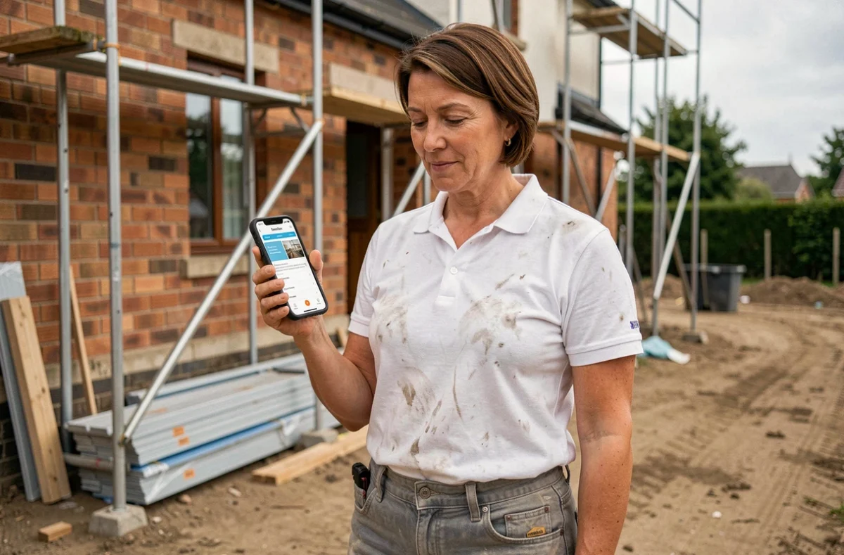 Femme professionnelle du BTP consultant son téléphone pour un devis assurance habitation sur un chantier