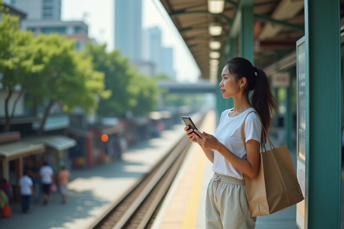 Jeune femme prenant le BTS Skytrain à Bangkok pour rejoindre son appartement en location pas cher