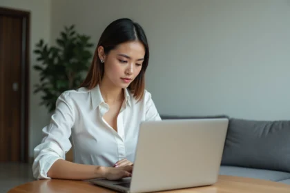 Femme en bureau moderne utilisant un ordinateur portable