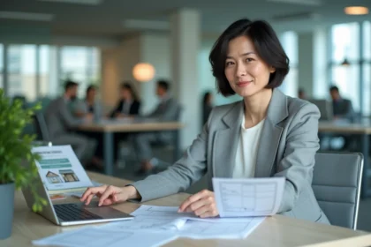 Femme cadre en entreprise consultant des documents de mutation professionnelle et une demande de logement AL'in sur ordinateur