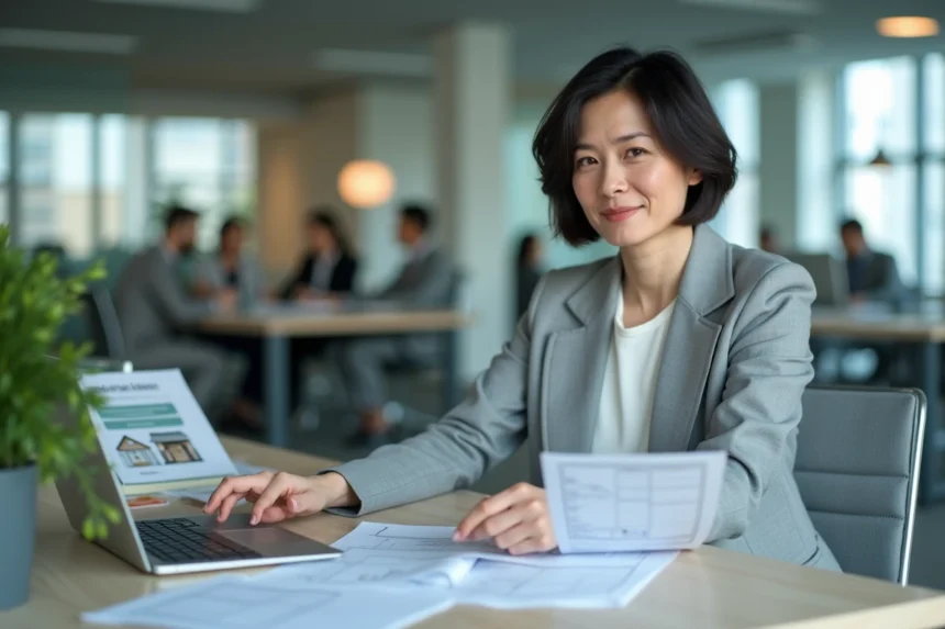 Femme cadre en entreprise consultant des documents de mutation professionnelle et une demande de logement AL'in sur ordinateur