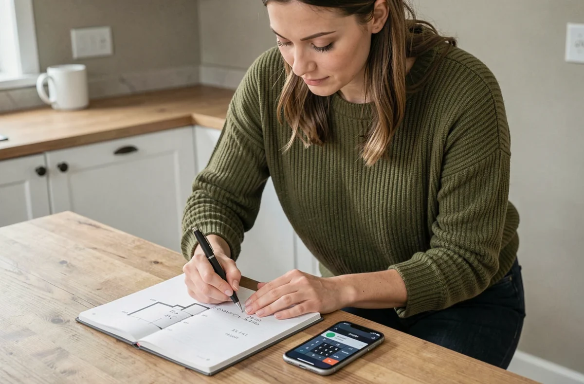Femme calculant la superficie d'une pièce sur papier quadrillé avec application smartphone d'aide au calcul en mètre carré