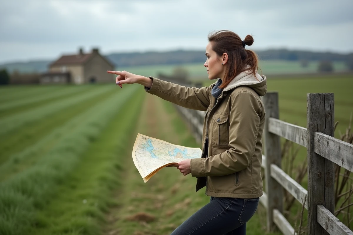 Femme tenant une carte foncière devant un terrain agricole en campagne française, recherche de terrain à louer hors Safer