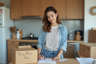 Jeune femme remplissant un formulaire de changement d'adresse dans la cuisine