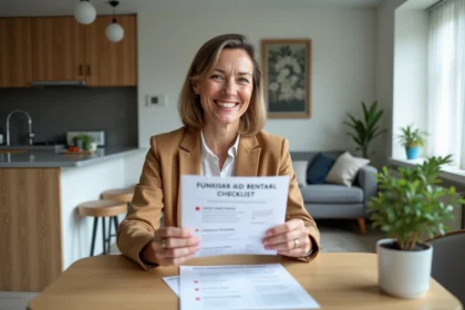 Femme souriante vérifiant une checklist dans un appartement moderne