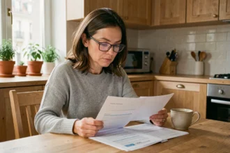 Femme comparant des offres d'assurance habitation sur des documents papier dans une cuisine moderne