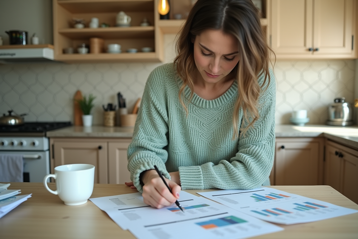 Femme en sweater vert comparant des graphiques hypothecaires dans la cuisine