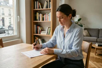 Femme consultant son contrat d'assurance habitation à Bourgoin-Jallieu dans un appartement moderne