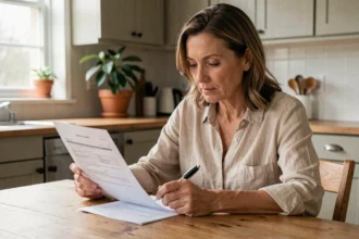 Femme consultant un contrat d'assurance habitation à la table de sa cuisine avant résiliation