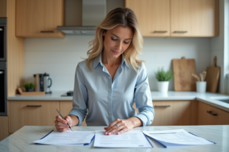 Femme d'âge moyen vérifiant des documents de rénovation