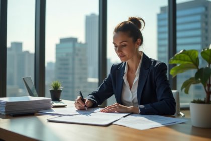 Femme professionnelle examine des documents de mortgage