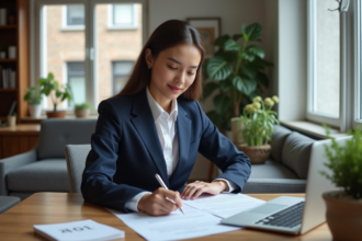 Jeune femme en costume examine des documents de logement