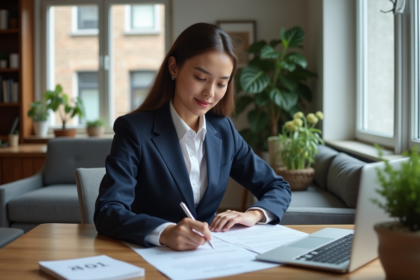 Jeune femme en costume examine des documents de logement