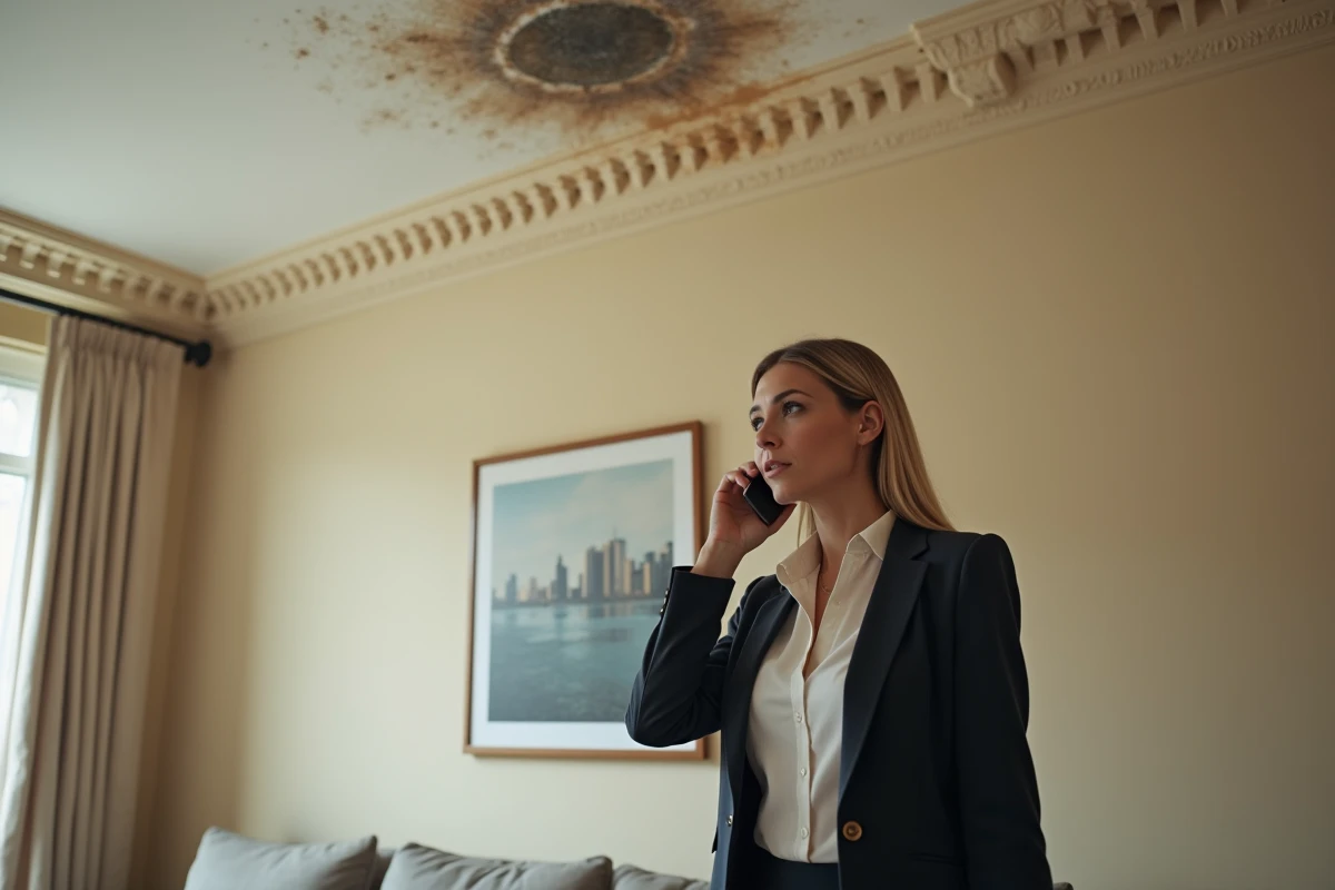 Femme en costume téléphone près d’un plafond endommagé dans un salon