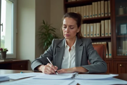 Femme consultant des documents juridiques liés à la vente d'une maison lors d'un divorce dans le Calvados