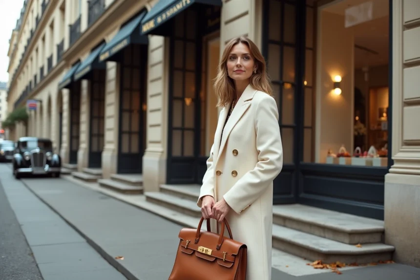 Femme élégante devant une boutique de luxe haussmannienne à Paris tenant un sac en cuir haut de gamme