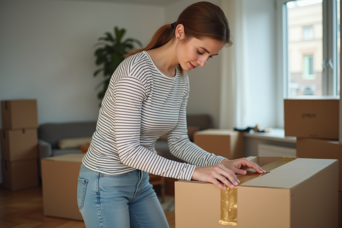 Jeune femme emballant un carton dans un appartement moderne