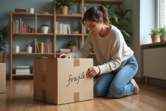 Jeune femme emballant une boxe fragile dans un appartement chaleureux